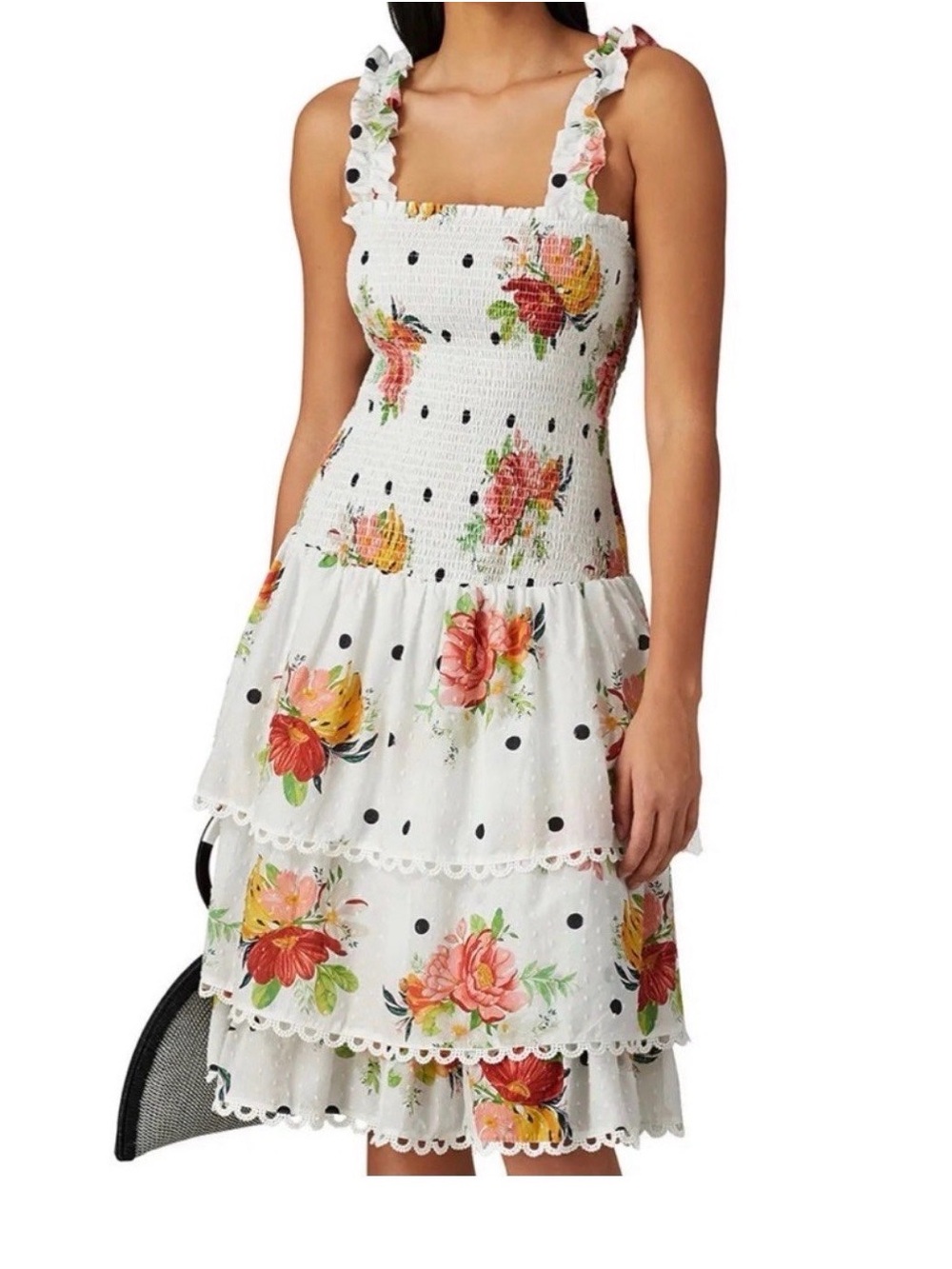Farm Rio white Nanaju smocked tiered polka dot sundress midi dress Sz L fits M